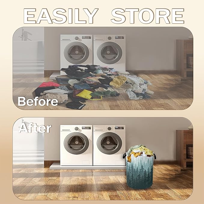 Foggy Forest Laundry Hamper,Green Tree Clothes Hamper for Laundry,Waterproof Oxford Toy Storage Collapsible Hampers for Bedroom, Dorm Room,Bathroom,16x20 Inch