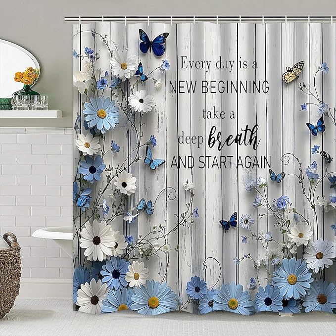 AZHM Blue Daisy Flower Shower Curtain Set 4pcs Rustic Daisy Floral Bathroom Set with Butterfly Accents with Inspirational Quotes Shower Curtain and Rugs
