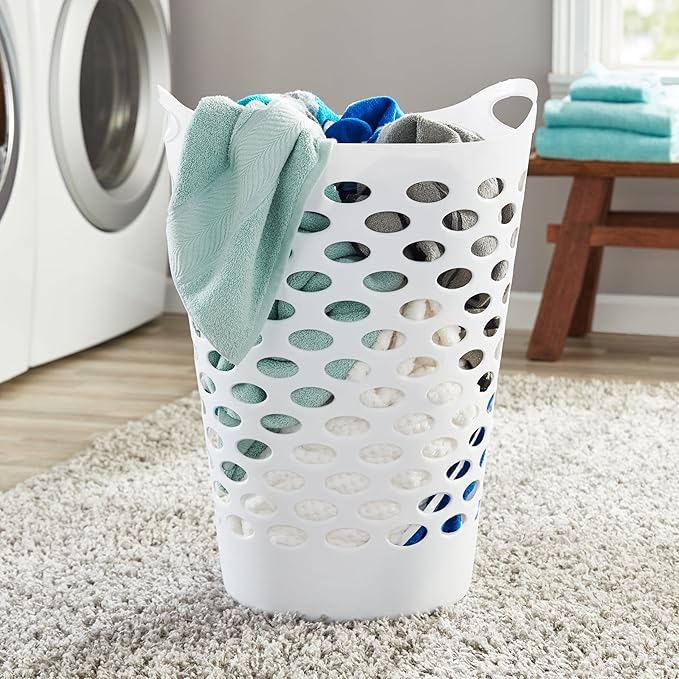 2 BUSHEL Flexible Laundry Basket,Tall plastic hamper for Clothes, Bedroom, and Storage - Portable Round Bin with Carry Handles 17.75" x 17.25" x 26", White (2)