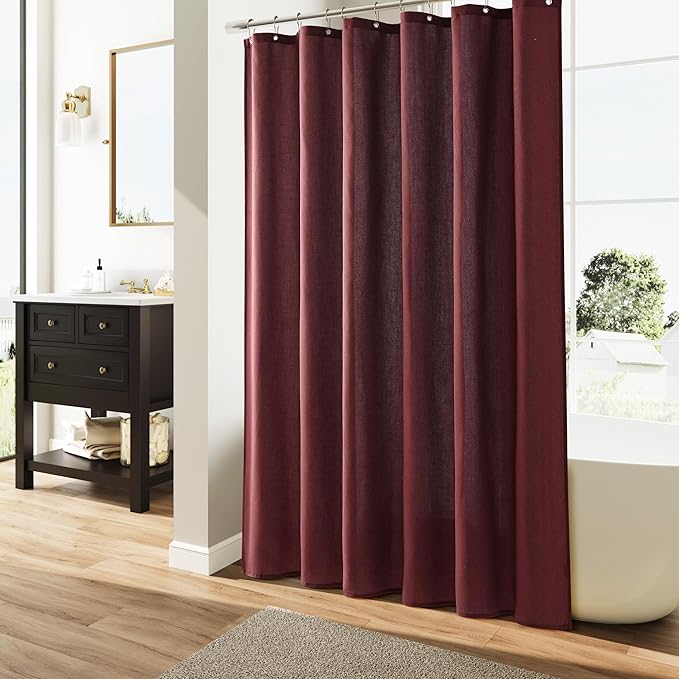Naturoom Burgundy 60 Inch Shower Curtain - Stall Narrow Half Linen Ultra Thick Fabric Shower Curtain Set with Hooks, Boho Farmhouse Rustic RV Camper Bath Curtains for Bathroom, 60x72