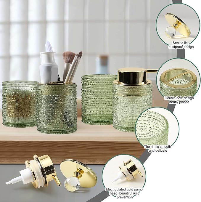 DASITON Bathroom Accessories Set,4Pcs Glass Bathroom Counter Set with Foaming Soap Dispenser,Toothbrush Holder,Bathroom Tumbler,Cotton Swab Jars, for Vanity Bathroom Decor(Green A)