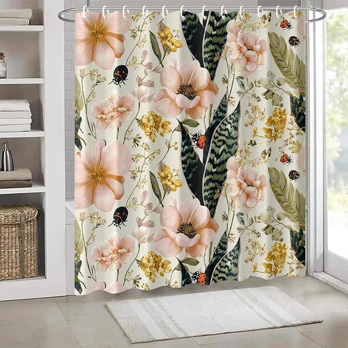 Floral Shower Curtain 72x72 Inch Botanical Flower and Ladybug Print Bathroom Curtain Vintage Garden Style for Cottagecore Decor