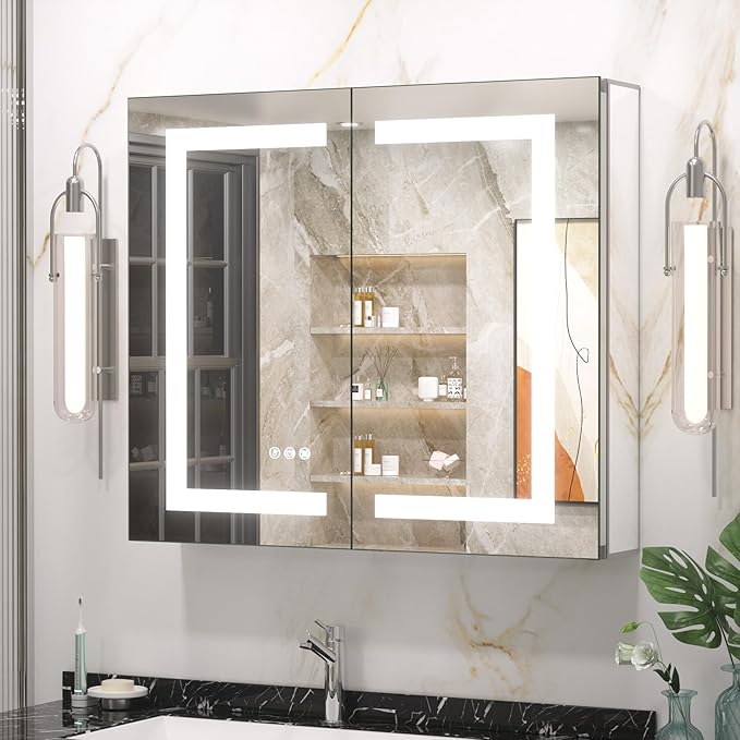 Keonjinn 30 x 26 Inch Lighted Medicine Cabinet with 2-Side LED Mirror & Electrical Outlet, 3 Color Lights Dimmable Tempered Glass Frontlit Anti-Fog UL Listed Recessed Wall Mount for Bathroom Storage