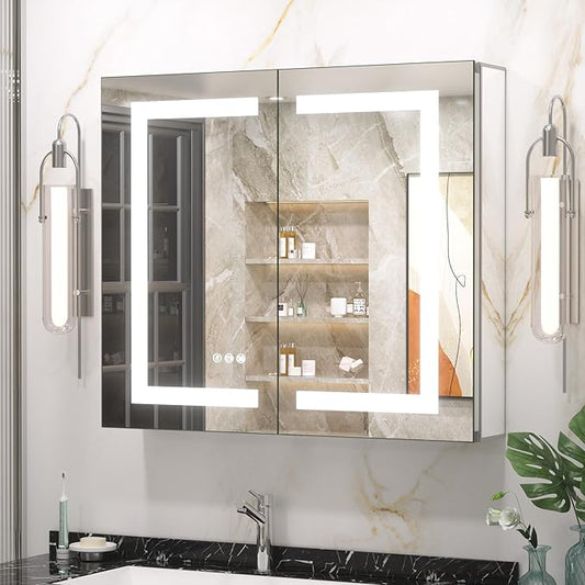 Keonjinn 30 x 26 Inch Lighted Medicine Cabinet with 2-Side LED Mirror & Electrical Outlet, 3 Color Lights Dimmable Tempered Glass Frontlit Anti-Fog UL Listed Recessed Wall Mount for Bathroom Storage