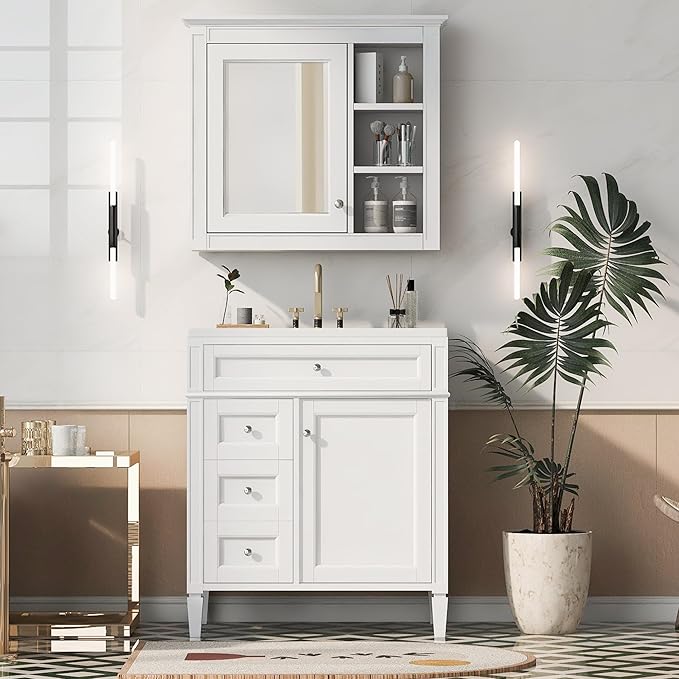 Merax Bathroom Medicine Cabinet with Mirror, 30" x 28" Wall Mounted Medicine Cabinet with Single Door and Shelves, Over The Toilet Mirrored Bathroom Storage Wall Cabinet