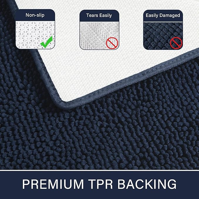 LOCHAS Luxury Bathroom Rug Shaggy Bath Mat 24 x 70 Inch, Washable Non Slip Bath Rugs for Bathroom Shower, Soft Plush Chenille Absorbent Carpets Mats, Navy