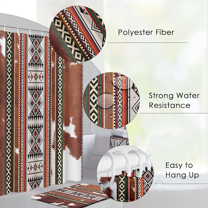 Pamnest 4 Pcs Shower Curtain Sets, Cowhide Cow Brown Waterproof Bathroom Sets with Non-Slip Rugs, Toilet Lid Cover and Bath Mat, Accessories Modern Home Bathroom Decor 72" X 72"