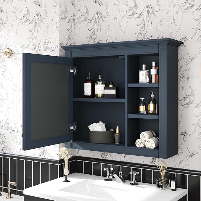 Merax Bathroom Medicine Cabinet with Mirror, Wall Mounted Medicine Cabinet with Single Door and Shelves, Over The Toilet Mirrored Bathroom Storage Wall Cabinet (Blue, 30")