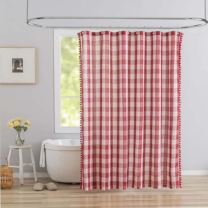 VOILYBIRD Red and White Shower Curtain Linen Texture Buffalo Plaid Farmhouse and Boho Mix with Pompoms 36"x72"
