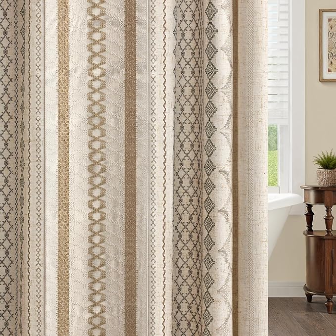 Boho Linen Shower Curtain for Bathroom,with Striped Print and Twine-Inspired Woven Center,72" W x 90" L,Beige