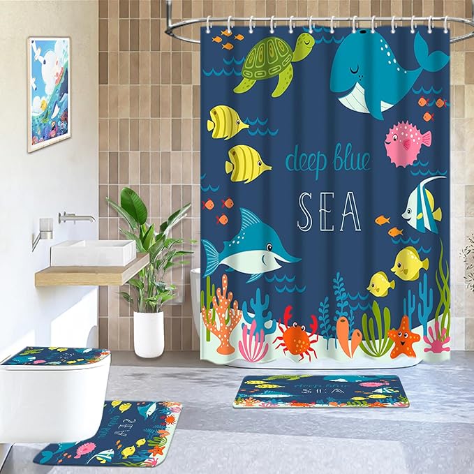 Lnond 4 Pcs Kids Bathroom Shower Curtain Set, Blue Sea Whales Bathroom Sets for Kids Bathroom Decoration with Shower Curtain, Non Slip Bathroom Rugs, Toilet Lid Cover, U Toilet Mat and 12 Hooks