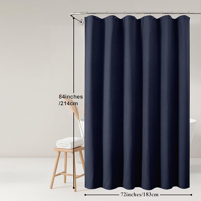 OWENIE Navy Blue Shower Curtain 84 Inches Extra Long, Waffle Weave Heavy Fabric Shower Curtain for Bathroom, Waterproof Soft Hotel Spa Luxury Elegant Bath Curtains, Machine Washable, 72x84 Inch