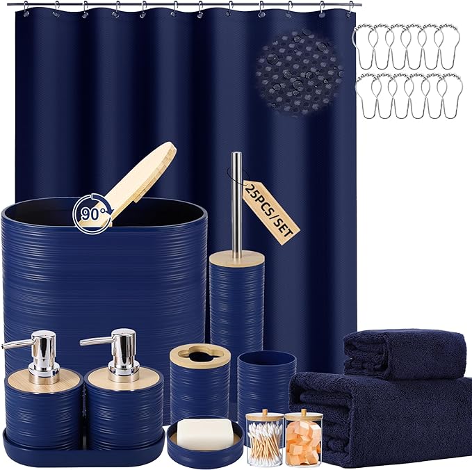 XLHOMO Navy Blue Bathroom Set, Bathroom Accessories Set with Shower Curtain, Bath Towel Set, Blue Shower Curtain Set with Bathroom Trash Can, Soap Dispenser, Soap Dish for Home Decor