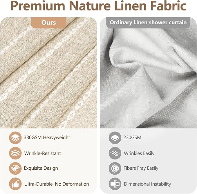 Boho Farmhouse Shower Curtain Heavyweight Extra Long 72 x 76 Inch, Beige Linen Textured Fabric Shower Curtain with Tassels, Cream Striped Elegant Bathroom Décor Curtain Water Repellent