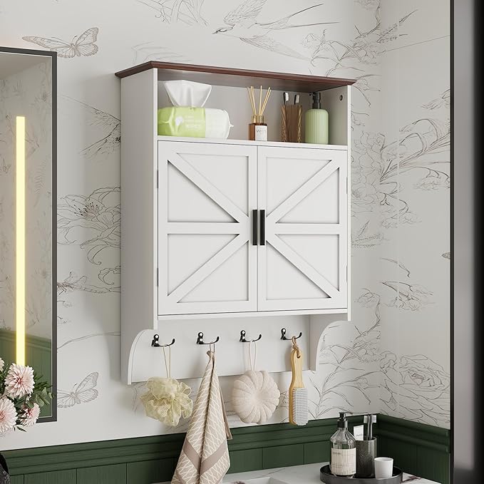 VECELO Farmhouse Bathroom Wall Cabinet, Medicine Cabinet with 4 Hooks, Wall Mounted Storage Cabinet with Open Partition and Adjustable Shelves for Bathroom, Kitchen, Laundry Room, White