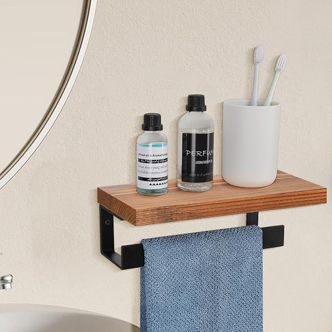 Hand Towel Holder/Towel Ring with Wooden Shelf, Hand Towel Rack, Hand Towel Hanger for Bathroom, Bath Accessories Wall Mounted, Matte Black (9"-Squ Shaped)