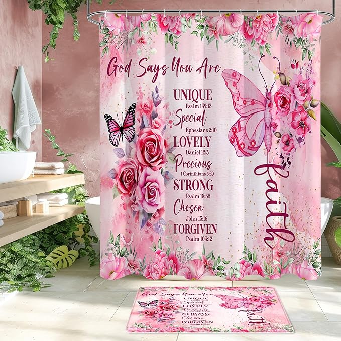 Litabel 4 Pcs Pink Butterfly Inspirational Quotes Shower Curtain Set with Rugs and Toilet Lid Cover, Colorful Boho Waterproof Fabric Bathroom Set, Bible Verse Floral Bathroom Decor Set Accessories