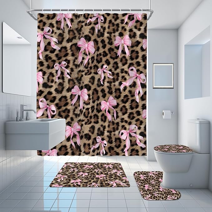 Onalasyc 4 Pcs Leopard Shower Curtain, Cheetah Bow Print Bathroom Set Shower Curtain Sets with Rugs, Waterproof Brown Pink Bow Animal Print Bathroom Curtains Shower Set,12 Pcs Hook,71 x 71 in