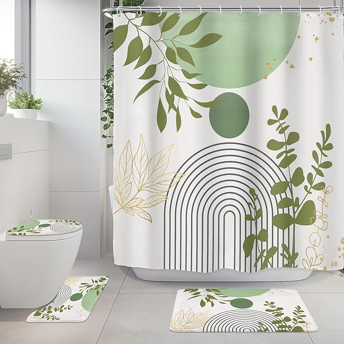 Riyidecor Boho Light Green 4Pcs Bathroom Shower Curtain Sets Mid Century Modern Minimalist Abstract Bathroom Decor Set with Rugs and Accessories Leaf Toilet Lid Rug, Contour and Bath Mat with 12 Hooks