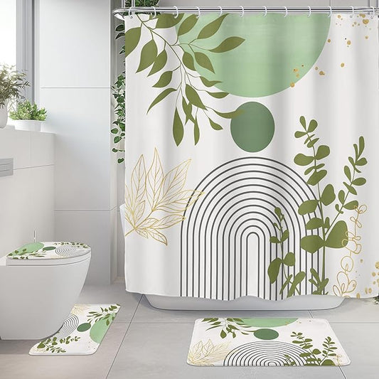 Riyidecor Boho Light Green 4Pcs Bathroom Shower Curtain Sets Mid Century Modern Minimalist Abstract Bathroom Decor Set with Rugs and Accessories Leaf Toilet Lid Rug, Contour and Bath Mat with 12 Hooks