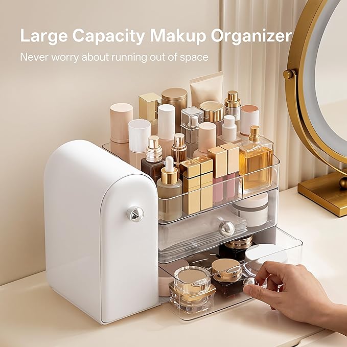 HBlife Makeup Organizer Countertop with Drawers, Vanity Organizers with Brush Holder, Bathroom Counter Organizer for Perfume, Nail Polishes, Lipsticks, Skincare and Eyeshadow Palettes