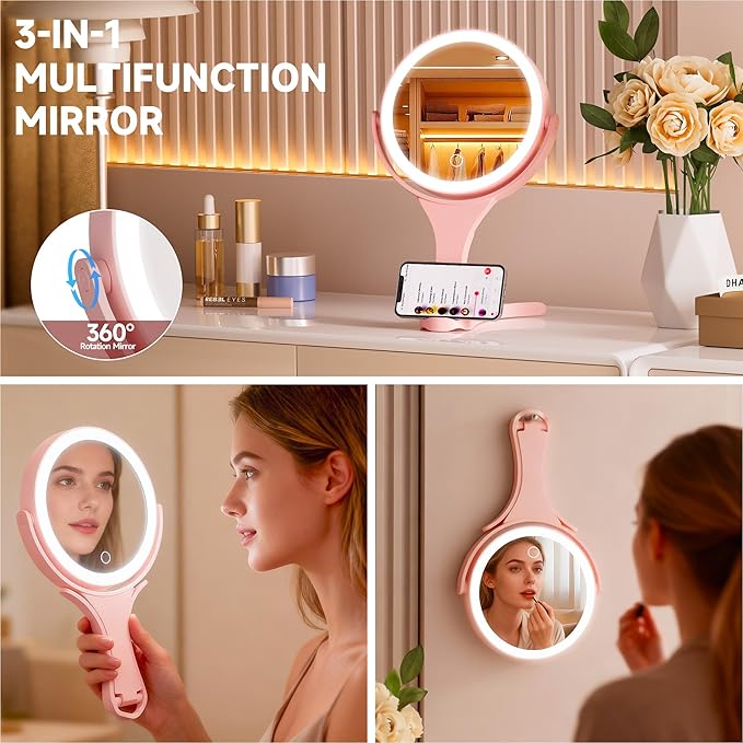 Hasipu Portable Travel Makeup Mirror with Lights – 360° Rotating with 1X/10X Magnifying, Rechargeable Tabletop Handhold Hanging 3 in 1 Mirror (Pink)