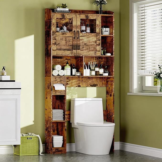 GAOMON Over Toilet Storage Cabinet Bathroom, 67" Adjustable Shelves with Glass & Sliding Barn Doors, Above Toilet Organizer with Anti-Tip Kit, Space-Saving for Laundry Room, Black