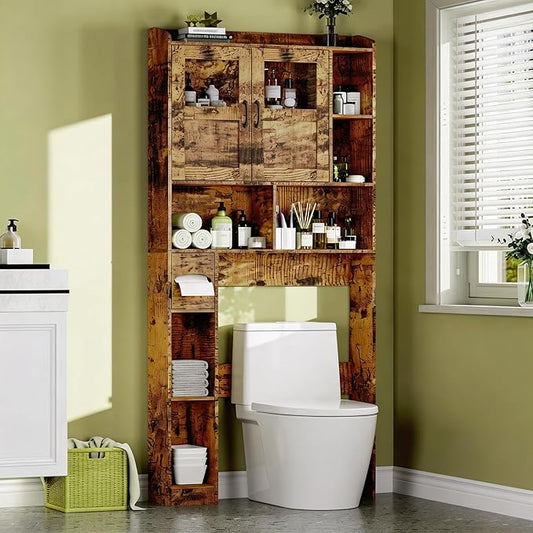 GAOMON Over Toilet Storage Cabinet Bathroom, 67" Adjustable Shelves with Glass & Sliding Barn Doors, Above Toilet Organizer with Anti-Tip Kit, Space-Saving for Laundry Room, Black