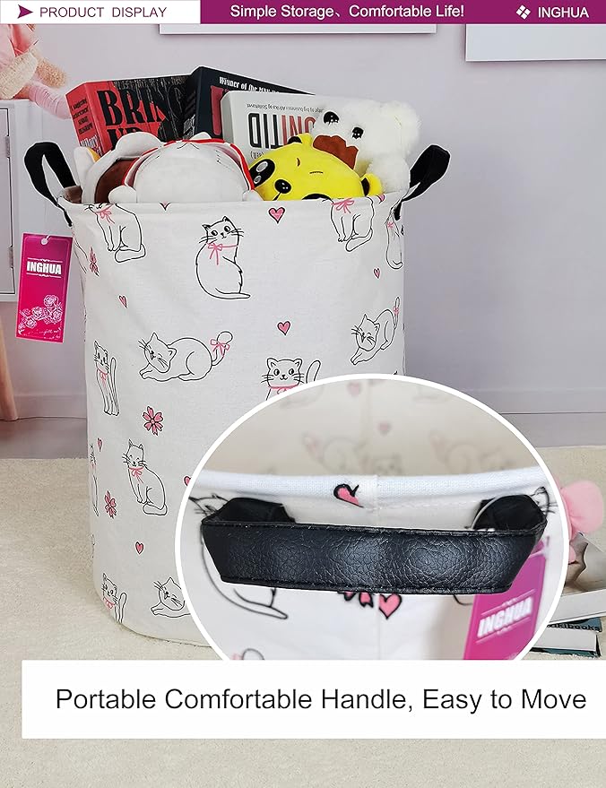 Laundry Hamper Large Canvas Fabric Lightweight Storage Basket/Toy Organizer/Dirty Clothes Collapsible Waterproof for College Dorms, Boys and Girls Bedroom,Bathroom(Love cat)