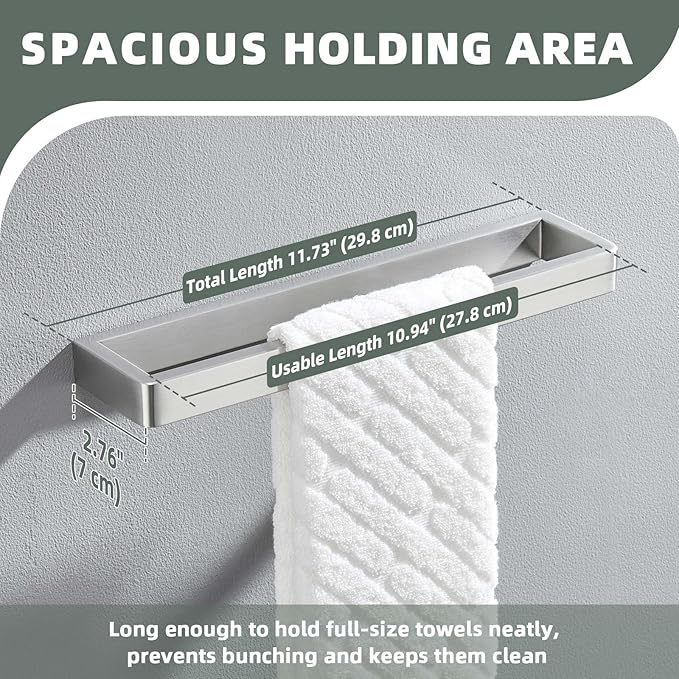 APLusee Towel Holder Brushed Nickel 304 Stainless Steel, Rustproof & Heavy-Duty, 11.7 Inches Secure Wall Mounted bar, Ideal for Hand Towels & Bath Towels