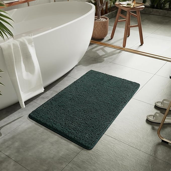 LOCHAS Luxury Bathroom Rug Shaggy Bath Mat 20 x 30 Inch, Washable Non Slip Bath Rugs for Bathroom Shower, Soft Plush Chenille Absorbent Carpets Mats, Hunter Green