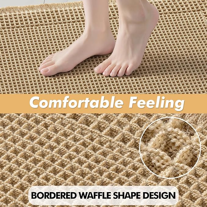 MIULEE Set of 2 Waffle Bathroom Rugs, Boho Bath Rug Super Absorbent, Non Slip Washable Ultra Soft Rubber Backed Shower Bath Mats for Floor, Tub, Shower, Bordered Design, Brown, 17"x24"+18"x30"