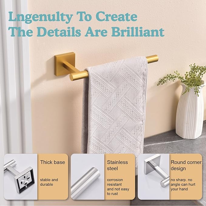 Brushed Gold Hand Towel Holder,Thicken SUS 304 Stainless Steel Towel Bar Towel Ring for Bathroom, Modern Design Hand Towel Rack Towel Hanger Wall Mounted