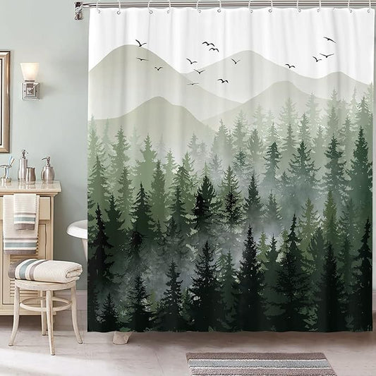 Accnicc 78 Inch Long Green Misty Forest Shower Curtain Ombre Sage Green White Mountain Pine Tree Waterproof Fabric Shower Curtains for Bathroom Nature Woodland Decorative Modern Bath Curtain Decor