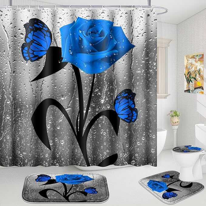 Poedist 4 Pcs Bathroom Shower Curtain Set,Blue Rose Bathroom Set, Shower Curtain Sets with Rugs(Bath Mat,U Shape and Toilet Lid Cover Mat) and 12 Hooks
