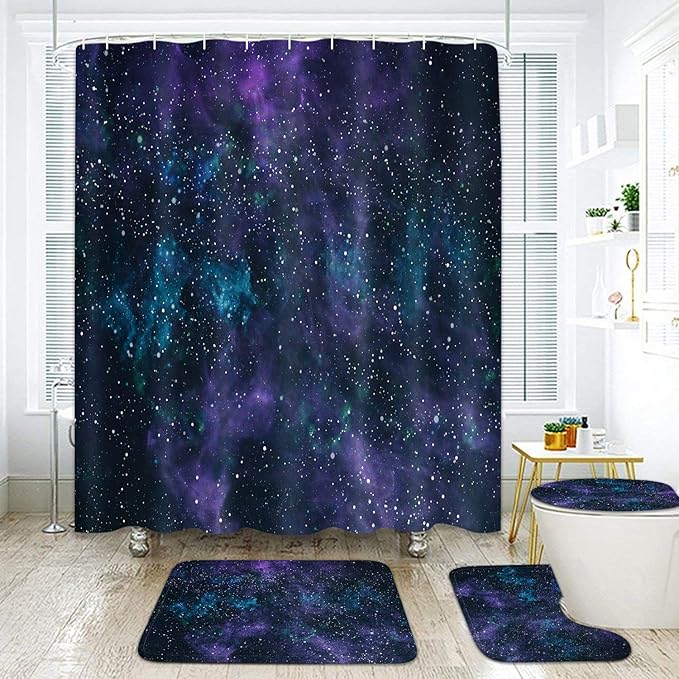 Britimes 4 Piece Shower Curtain Sets, with 12 Hooks, Space Galaxy Star with Non-Slip Rugs, Toilet Lid Cover and Bath Mat for Bathroom Decor Set, 72" x 72"