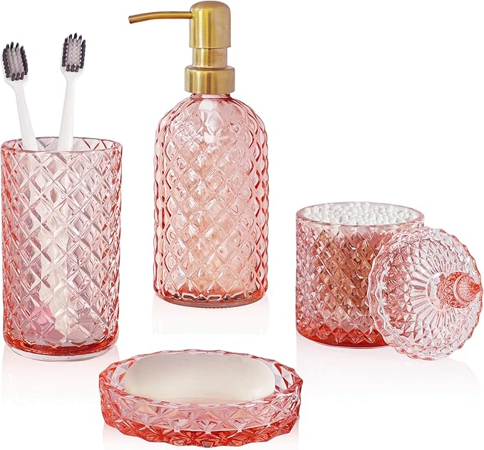 LaMarriti Pink Bathroom Accessories Set, 4Pcs Clear Glass Bathroom Sets, Lotion Soap Dispenser, Toothbrush Holder Set, Soap Dish, Qtip Holder for Crystal Glass Vintage Bath Decor, Valentine Gift Set