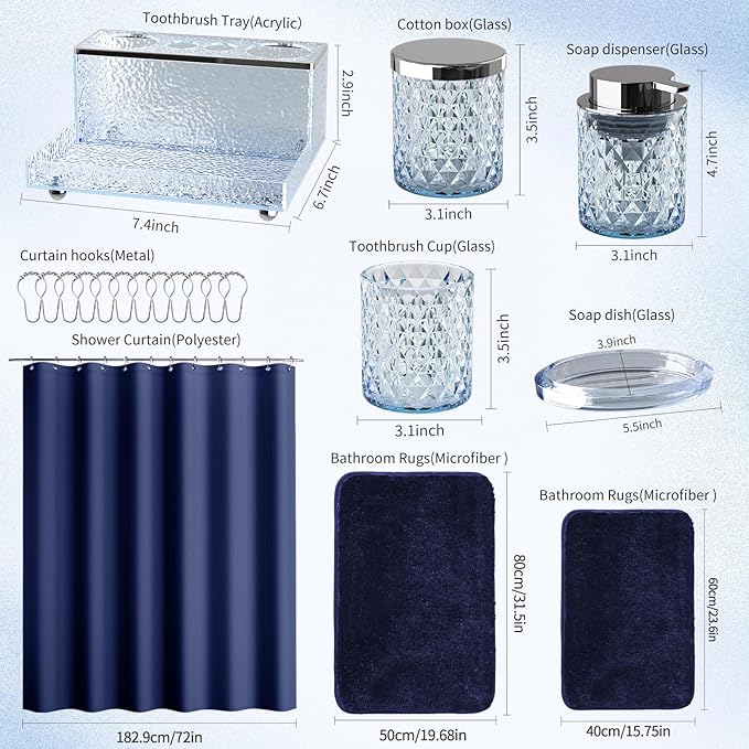 BSSN 20-Piece Blue Glass Bathroom Accessories Set with Shower Curtain and Rugs, Soap Dispenser, Qtip Jar, Toothbrush Holder, All-in-One Complete Bath Decor for Home and Apartment