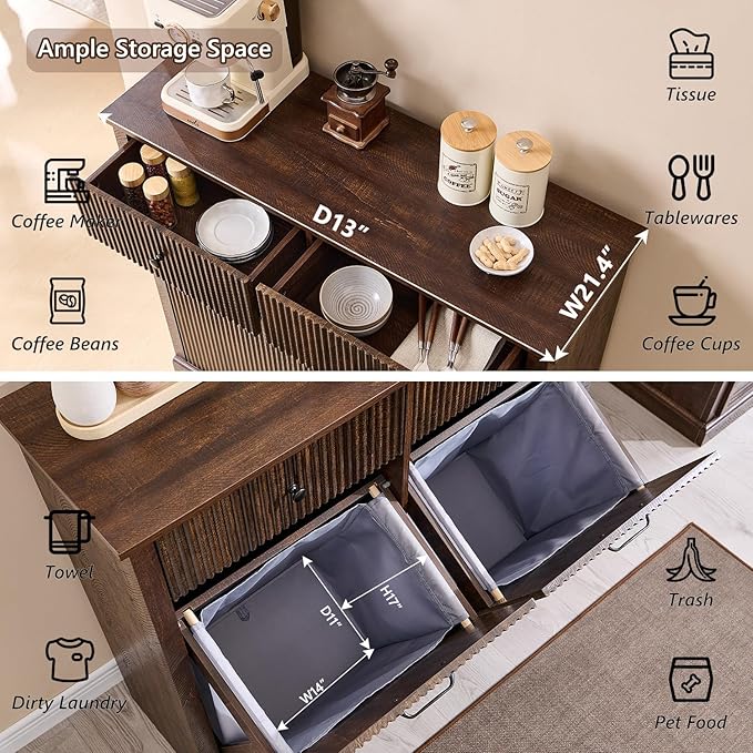 IFBUY Modern Double Tilt-Out Laundry Hamper Cabinet, 20 Gallon Fluted Trash Can Cabinet w/2 Drawers, Wooden Hidden Garbage Can Cabinets w/Laundry Basket, Free Standing for Bathroom and Kitchen, Brown