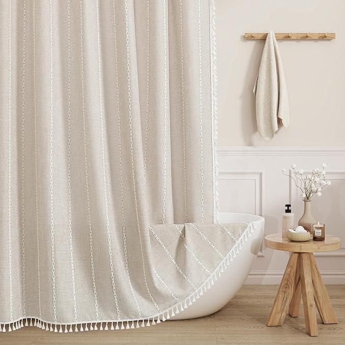 MitoVilla Boho Extra Long Shower Curtain 72 x 84, Beige 84 inch XL Polyester Linen Fabric Shower Curtain Set with Tassel for Vintage Country Farmhouse Bathroom Decor, Thick & Wrinkle Resistant, Cream