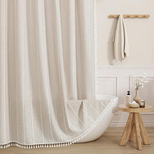 MitoVilla Boho Extra Long Shower Curtain 72 x 84, Beige 84 inch XL Polyester Linen Fabric Shower Curtain Set with Tassel for Vintage Country Farmhouse Bathroom Decor, Thick & Wrinkle Resistant, Cream