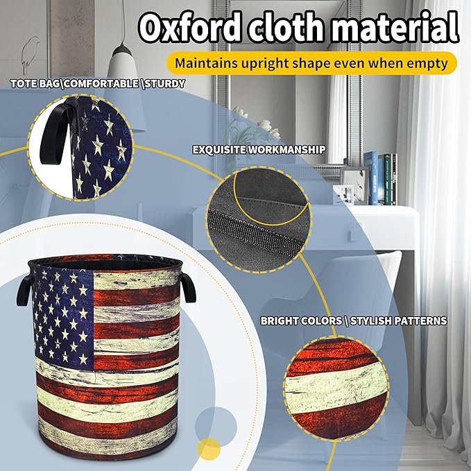 NUTAINLA Retro American Flag Laundry Basket Patriotic Foldable Oxford Cloth Funny Tote Bag Laundry Hamper Clothes Storage Bucket Toy Organizer For Bathroom/Laundry Storage/Bedroom 18.9x16.5 Inch