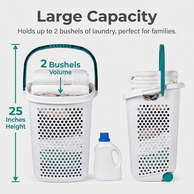 Heavy-Duty Plastic Wheeled Rolling Laundry Basket with Pop-Up Wide Handle, Ventilated Design, Easy to Clean, Spacious 70.52 Liters (2 Bushel), Large Capacity for Families, Dormitories, Laundry Rooms