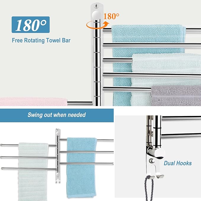 6 - Arm Stainless Steel Swivel Towel Rack with Hook: Wall - Mounted, Rustproof Space - Saver for Bathroom & Kitchen - 180° Rotation, 14kg Capacity