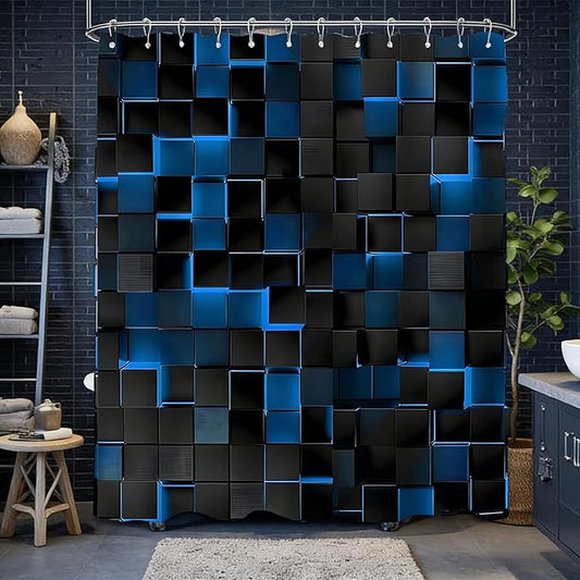 3D Cubes Shower Curtain，Blue Black Shower Curtains for Bathroom，Modern Bathroom Shower Curtain，Washable Fabric Bath Curtain 72''x72''