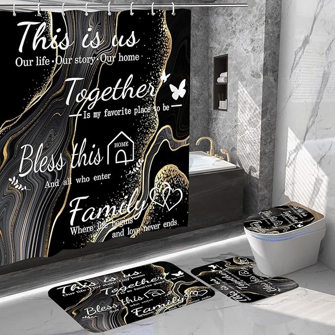 juwute 4Pcs Family Marble Shower Curtain Sets with Rugs,Black Home Inspirational Bathroom Decor Set, Bathroom Sets with Shower Curtain and Rugs, Waterproof Bathroom Shower Curtains, with 12 Hooks