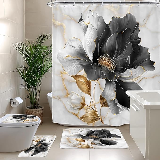 Riyidecor Black Gold Floral 4Pcs Bathroom Shower Curtain Sets Abstract Flower Aesthetic Bathroom Decor Set with Rugs and Accessories Minimalist Toilet Lid Rug, Contour and Bath Mat with 12 Hooks