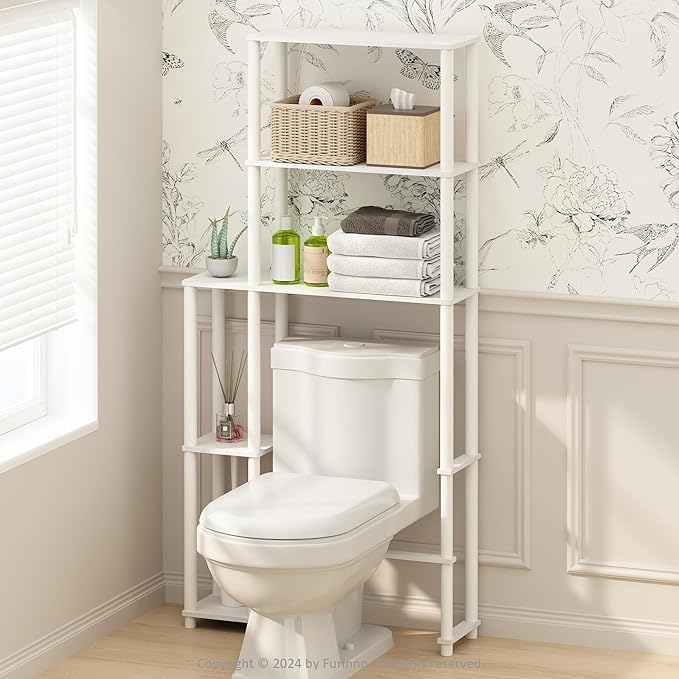 Furinno Turn-N-Tube Over The Toilet Storage, 5-Shelf Over The Toilet Organizer, Freestanding Space Saver Bathroom Shelf, for Bathroom Organizers and Storage, Plain White