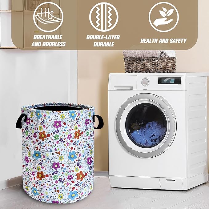 Colorful Artistic Flowers Laundry Basket Floral Foldable Oxford Cloth Funny Tote Bag Laundry Hamper Clothes Storage Bucket Toy Organizer For Bathroom/Laundry Storage/Bedroom 18.9x16.5 Inch