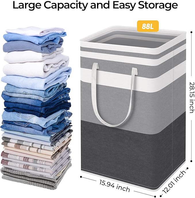 HomeHacks Large Laundry Basket, Waterproof, Freestanding Laundry Hamper, Collapsible Tall Clothes Hamper with Extended Handles for Clothes in The Dorm and Family Gradient Grey,88L